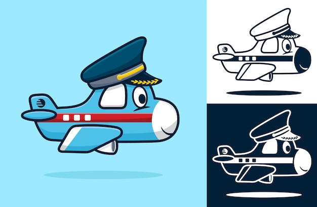 Drole De Petit Avion Portant Un Chapeau De Pilote Illustration De Dessin Anime Dans Le Style D Icone Plate Vecteur Premium