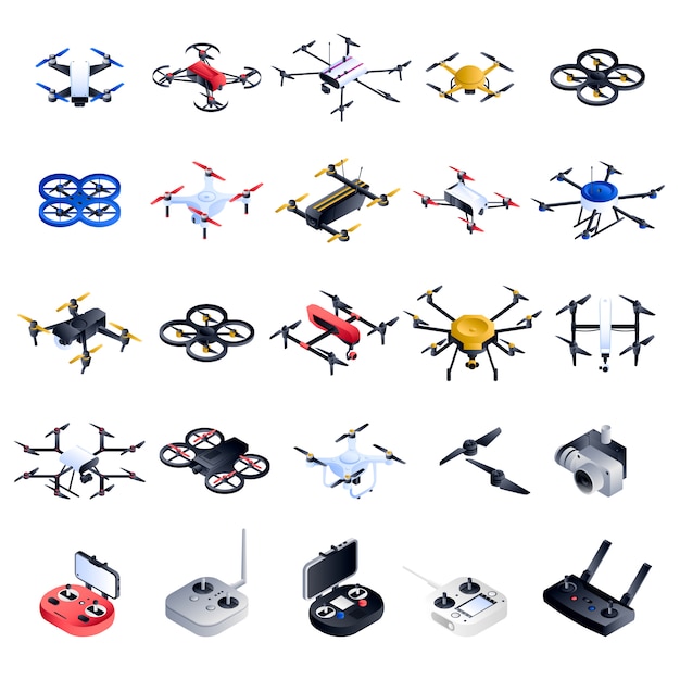 Drone icon set. ensemble isométrique d'icônes vectorielles drone Vecteur Premium