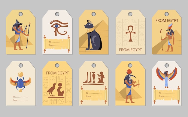 Du Jeu De Balises Egypte Pyramides Egyptiennes Chats Dieux Illustrations Vectorielles De Scarabees Avec Espace Pour Le Texte Modeles Pour Cartes De Voeux Cartes Postales Etiquettes Vecteur Gratuite