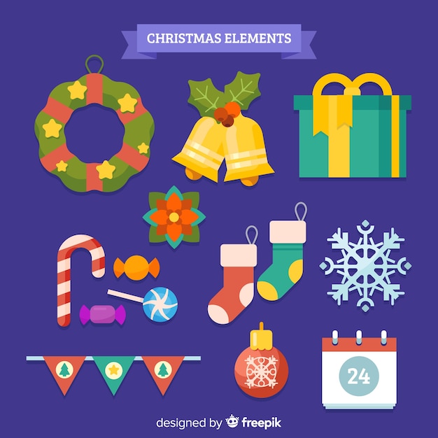 Échantillon d'éléments de noël au design plat Vecteur gratuit
