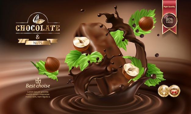 Des éclaboussures 3d de chocolat fondu et de lait avec des morceaux de chocolat. Vecteur gratuit