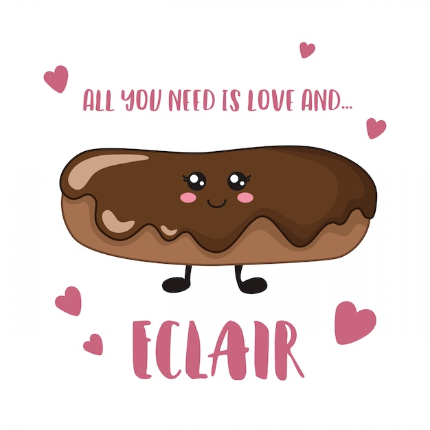 Eclair Au Chocolat Kawaii En Dessin Anime Sur Un Modele De Carte Blanche Vecteur Premium