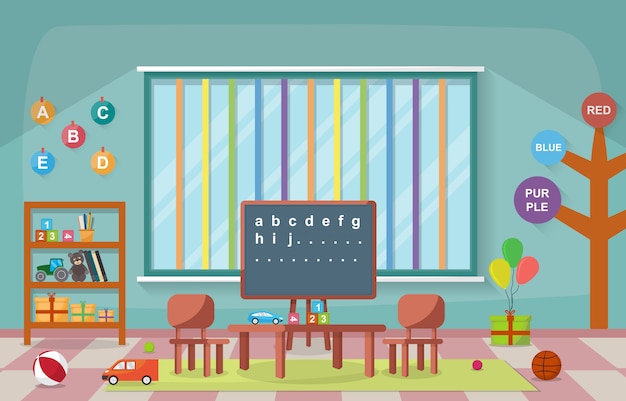 École maternelle classe intérieur enfants enfants école jouets jouets meubles Vecteur Premium