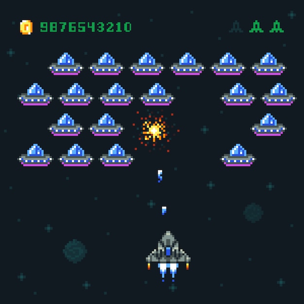 Écran de jeu d'arcade rétro avec envahisseurs de pixels et vaisseau spatial. space war computer 8 bit vieux graphiques vectoriels. illustration numérique pixel de jeu d'arcade, de vaisseau spatial et de fusée de jeu vidéo Vecteur Premium
