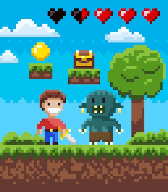 Écran de pixel game, knight hero et geek vector Vecteur Premium
