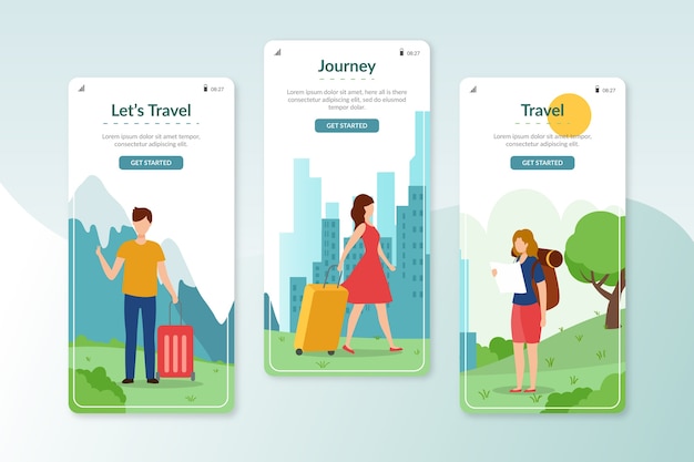 Écrans De L'application D'intégration De Voyage Vecteur gratuit