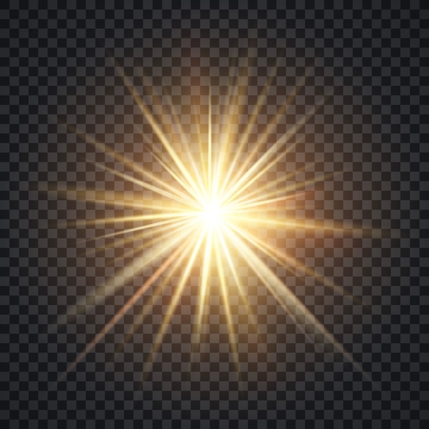 Effet d'éclairage vecteur starburst réaliste, soleil jaune avec rayons et lueur sur fond transparent. Vecteur Premium
