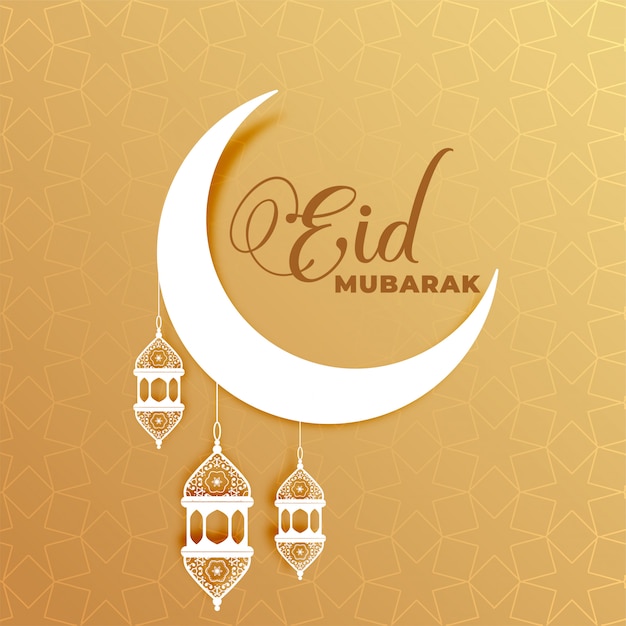 Eid mubarak attrayant lune et lampes saluant la conception Vecteur gratuit