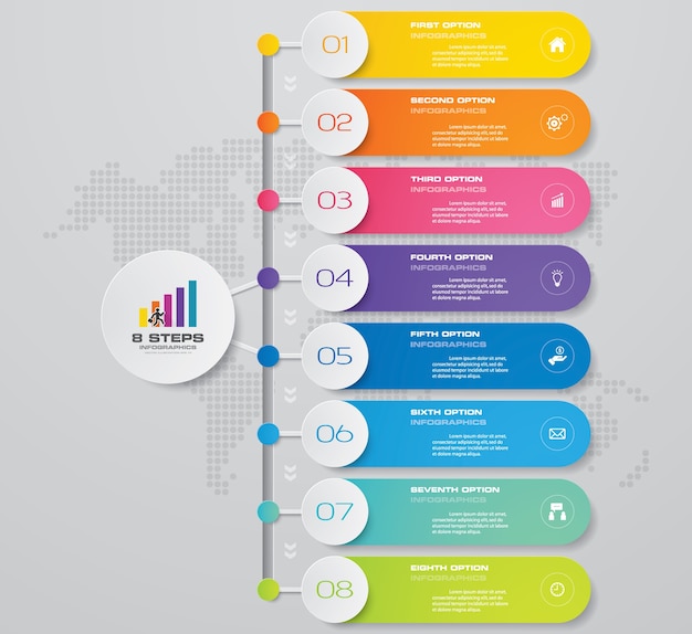 Élément d'infographie de diagramme de processus simple et modifiable en 8 étapes. Vecteur Premium