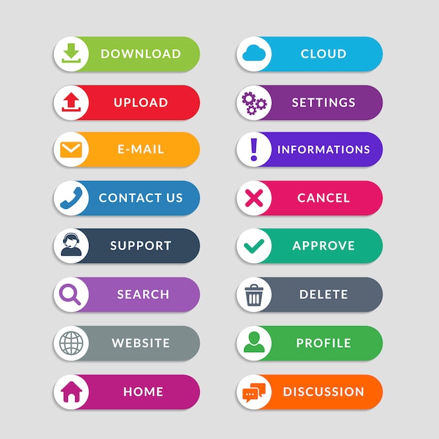 Éléments de conception de bouton web plat. conception simple de boutons web ui Vecteur Premium