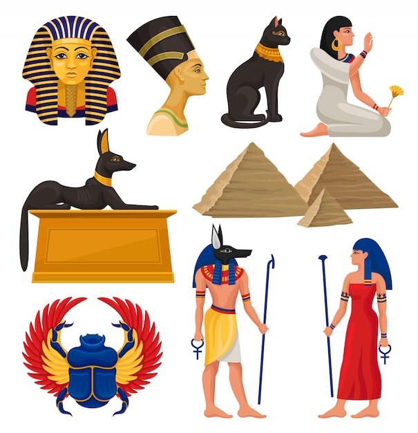 Elements Culturels De L Egypte Ancienne Pharaon Et Reine Animaux Sacres Pyramides Egyptiennes Et Peuple Ensemble Vecteur Premium