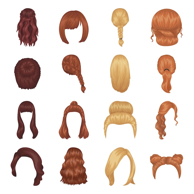 Elements De Dessin Anime De Coiffure Feminine Dans La Collection De Jeux Pour La Conception Vecteur Premium