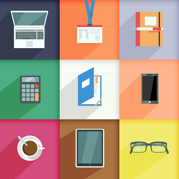 Éléments de lieu de travail sertie d'ordinateur passe ordinateur portable calculatrice isolé illustration vectorielle Vecteur gratuit
