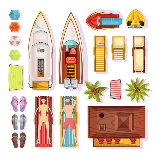 Éléments de plage vue de dessus, y compris les gens sur les transats pantoufles parasols bateaux eau motos bar isolé illustration vectorielle Vecteur gratuit