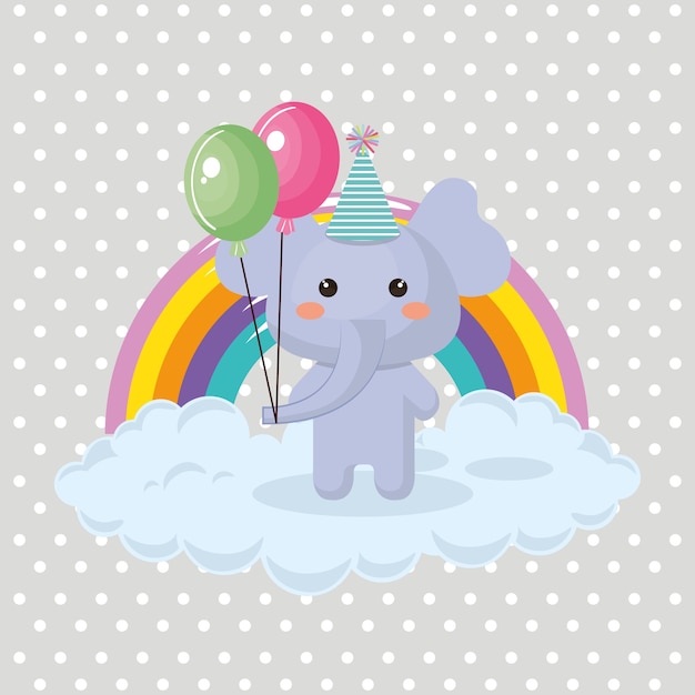 Elephant Mignon Avec Des Ballons Air Party Sweet Kawaii Carte D Anniversaire Vecteur Premium