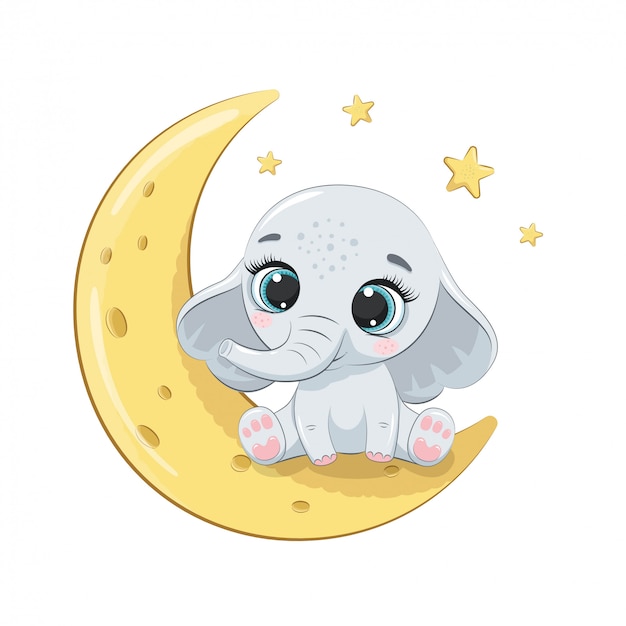 Elephant Mignon Bebe Assis Sur La Lune Illustration Vecteur Premium