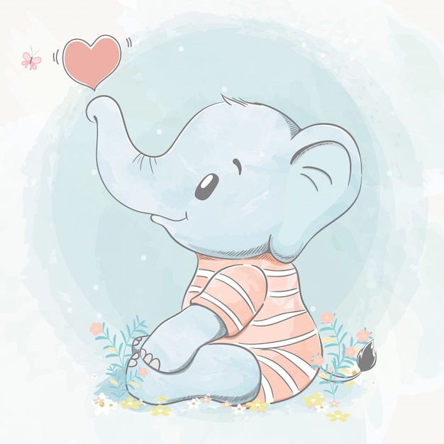 Elephant Mignon Bebe Avec Bulle De Coeur Eau Couleur Dessin Anime Dessine A La Main Illustration Vecteur Premium