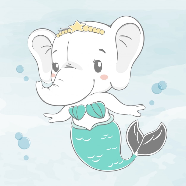 Elephant Mignon Bebe Deguise En Illustration De Dessin Anime De Couleur Aquarelle Sirene Vecteur Premium