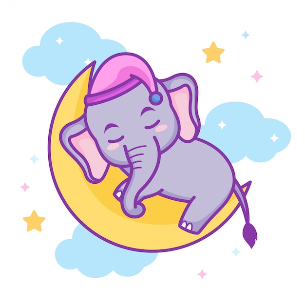 Elephant Mignon Bebe Dormant Sur Le Croissant De Lune Vecteur Premium