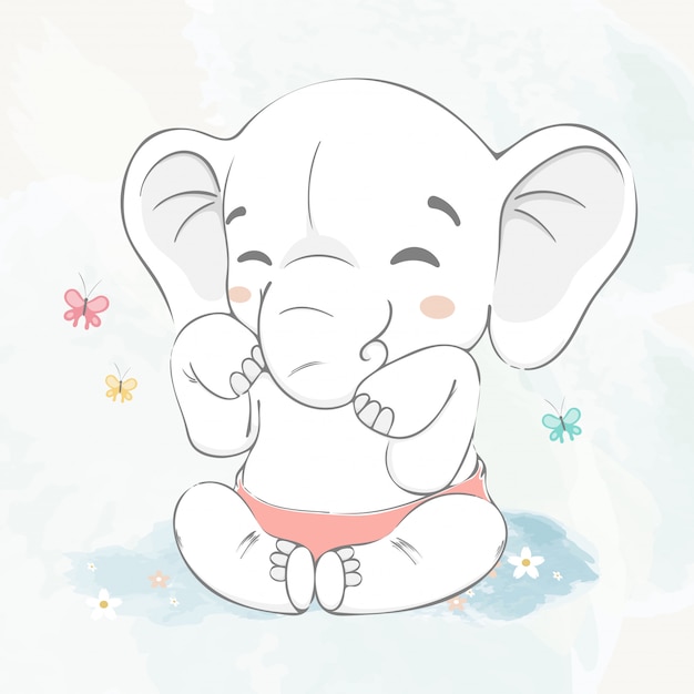 Elephant Mignon Bebe Joue Avec Dessin Anime Aquarelle Papillon Illustration Dessinee A La Main Vecteur Premium