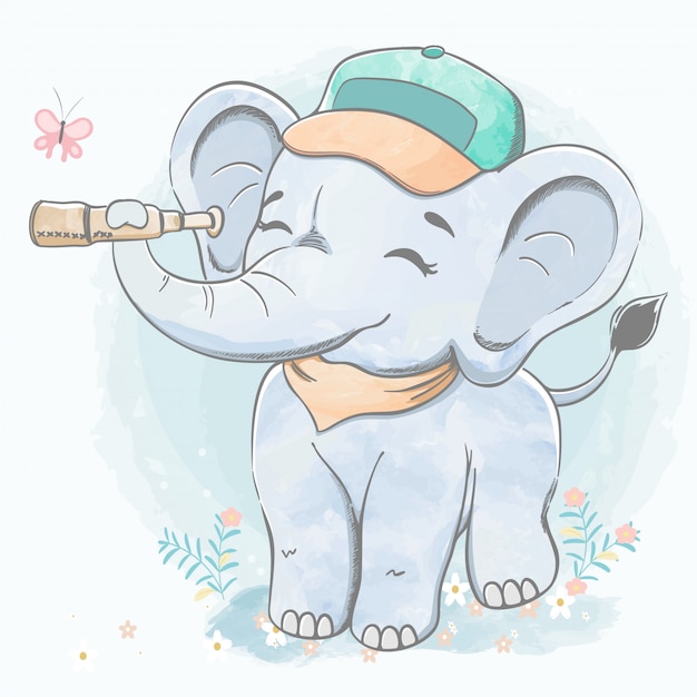 Elephant Mignon Bebe Avec Des Jumelles Aquarelle Dessin Anime Dessine A La Main Vecteur Premium