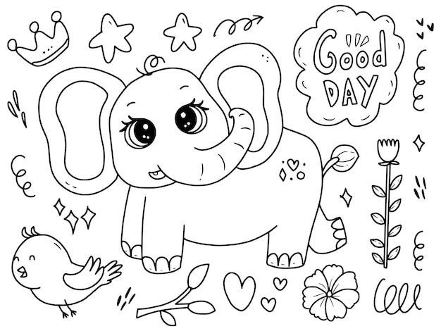 elephant mignon avec oiseau doodle dessin coloriage illustration cartoon vecteur premium moto