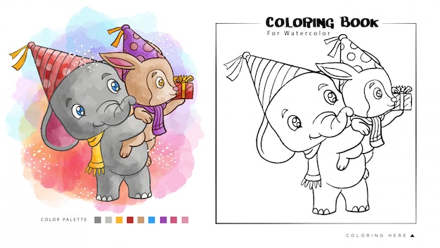 Elephant Mignon Portant Un Raton Laveur Aller A La Fete D Anniversaire Illustration De Dessin Anime Pour Livre De Coloriage Aquarelle Vecteur Premium