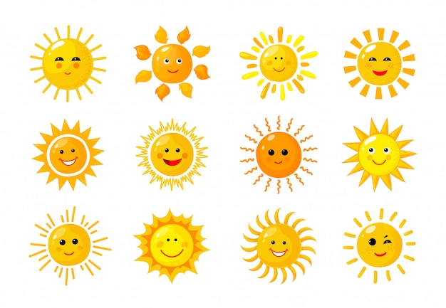 Emoji Du Soleil Drole Ete Printemps Soleil Rayons Soleil Bebe Heureux Matin Emoticones Ensoleille Souriant Visages Icones Solaires Vecteur Premium