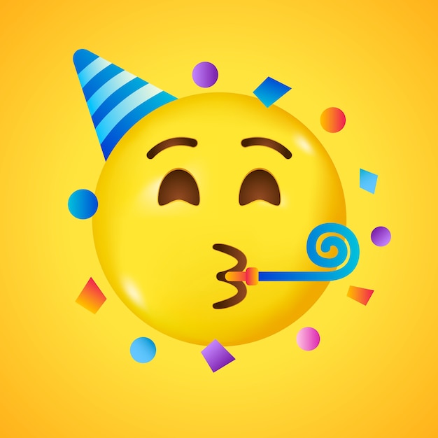 Emoji De Fete Visage Heureux Avec Chapeau D Anniversaire Et Confettis Grand Sourire En 3d Vecteur Premium