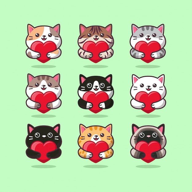 Emoticone De Soins De Chat Mignon Etreignant Un Coeur Rouge Vecteur Premium