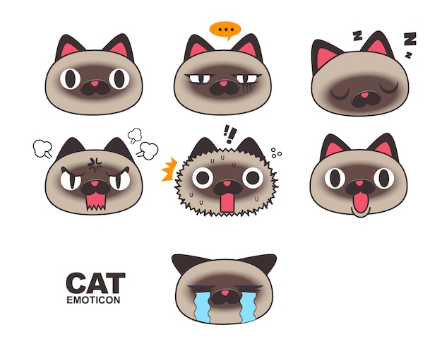 Emoticone De Visage De Chat Siamois Emoji Expressions Isolees Sur Fond Blanc Vecteur Premium