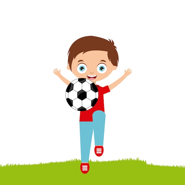 Enfant Heureux De Dessin Anime Jouant Avec Ballon De Foot Vecteur Premium