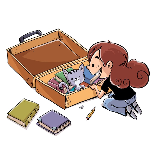 Enfant Avec Valise Pleine De Livres Et Illustration De Chat Vecteur Premium