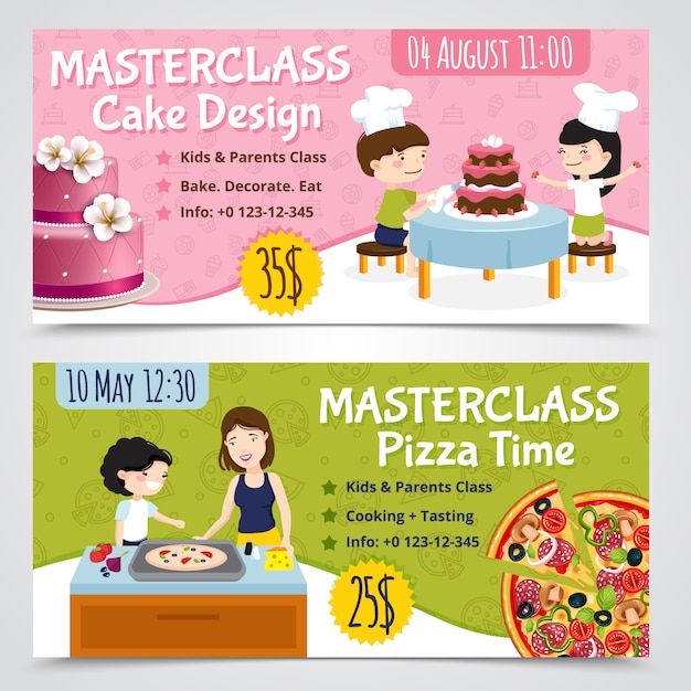 Enfants, cuisson ensemble de bannières horizontales de deux dessins de spectacle de dessin animé pizza et gâteau avec illustration vectorielle de texte modifiable Vecteur gratuit