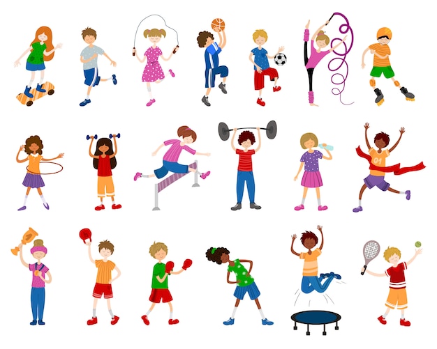 Enfants ou enfants de bande dessinée, filles et garçons, font du sport Vecteur Premium