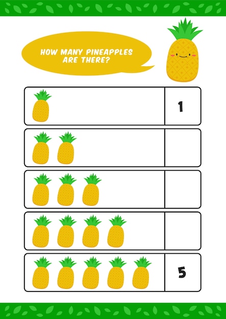 Enfants Enfants Maternelle Homeschooling Comptage Apprendre Feuille De Calcul Avec Joli Modele D Illustration De Fruits Ananas Vecteur Premium