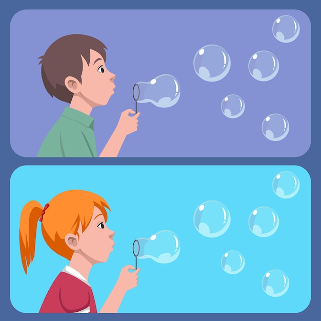 Enfants Garçon Et Fille Jouant Avec Des Bulles De Savon Vecteur Premium