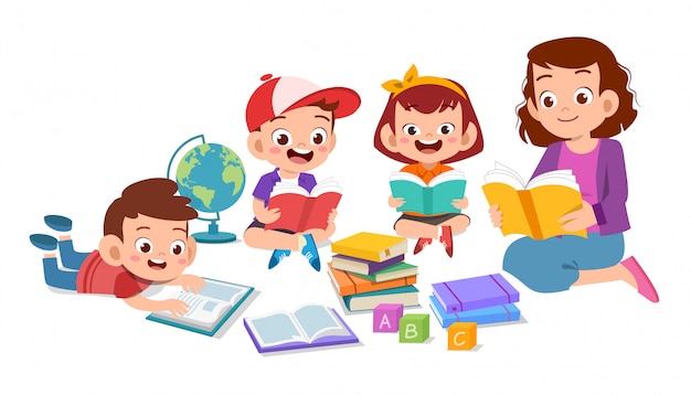 Enfants heureux étudient avec leur professeur Vecteur Premium