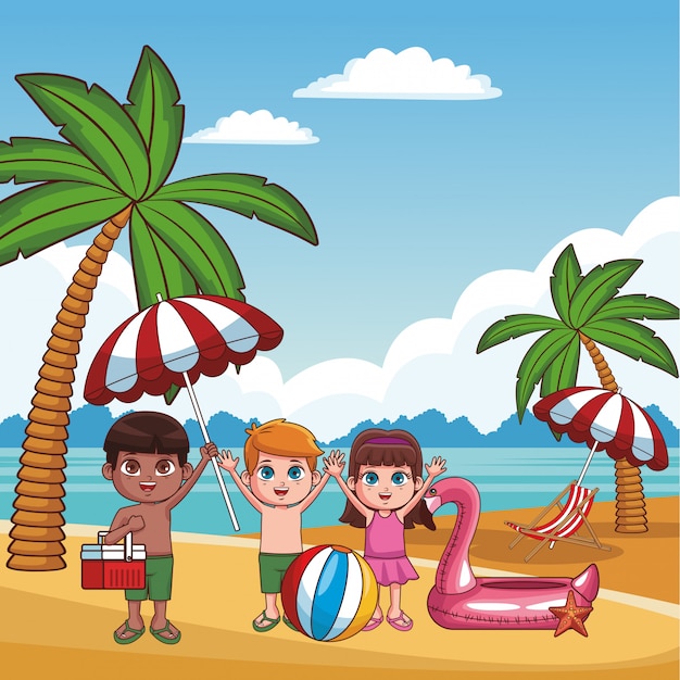 Enfants Mignons S Amuser A La Plage Des Dessins Animes Vector Illustration Graphisme Vecteur Premium