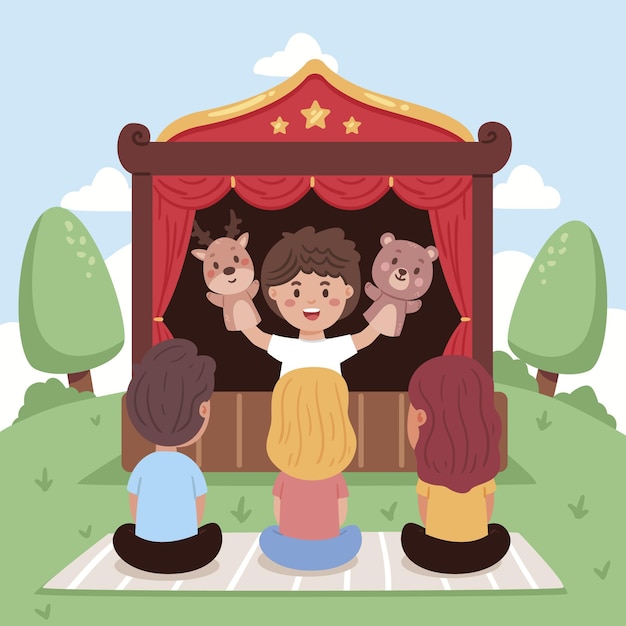 Enfants Plats Organiques Regardant Un Spectacle De Marionnettes Illustré |  Vecteur Gratuite