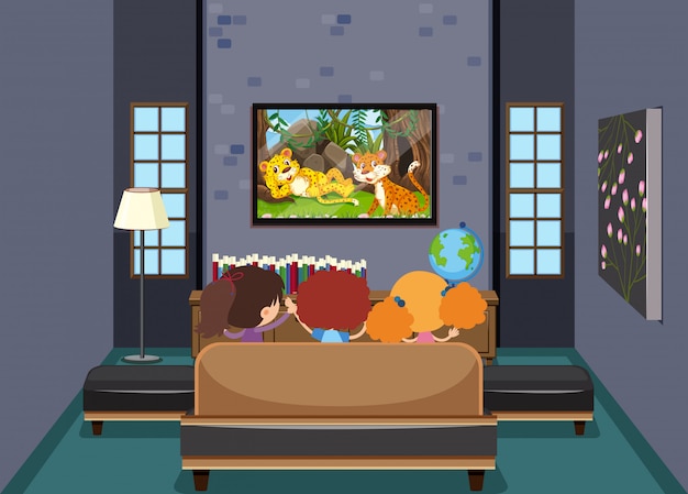 Enfants regardant la télévision dans le salon Vecteur Premium