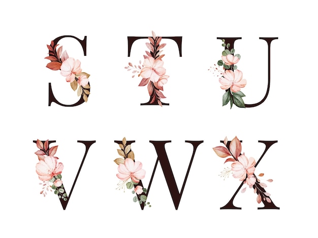 Ensemble D Alphabet Floral Aquarelle De S T U V W X Avec Fleurs Et Feuilles Rouges Et Brunes Vecteur Premium