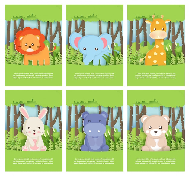 Ensemble D Animal De Zoo Avec Leo Elephant Ours Lapin Hippopotame Et Girafe En Foret Pour Carte D Anniversaire Carte Postale Style De Coupe De Papier Vecteur Premium