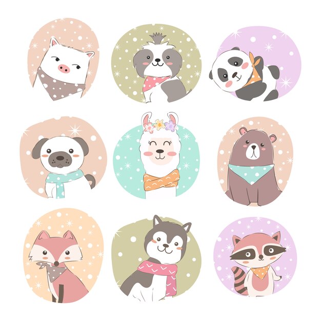 Ensemble d'animaux adorables Vecteur Premium