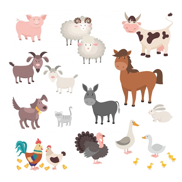 Ensemble D Animaux De Ferme Maisons Isolees Animal Cochon Poulet Cheval Chien Dinde Lapin Chat Vecteur Premium