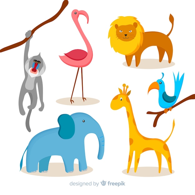 Ensemble d'animaux de la jungle: singe babouin, flamant rose, lion, oiseau, éléphant, girafe Vecteur gratuit