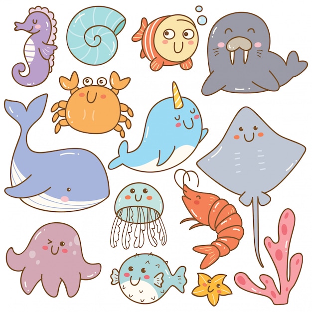 Ensemble Danimaux De Mer Kawaii Doodles Télécharger Des