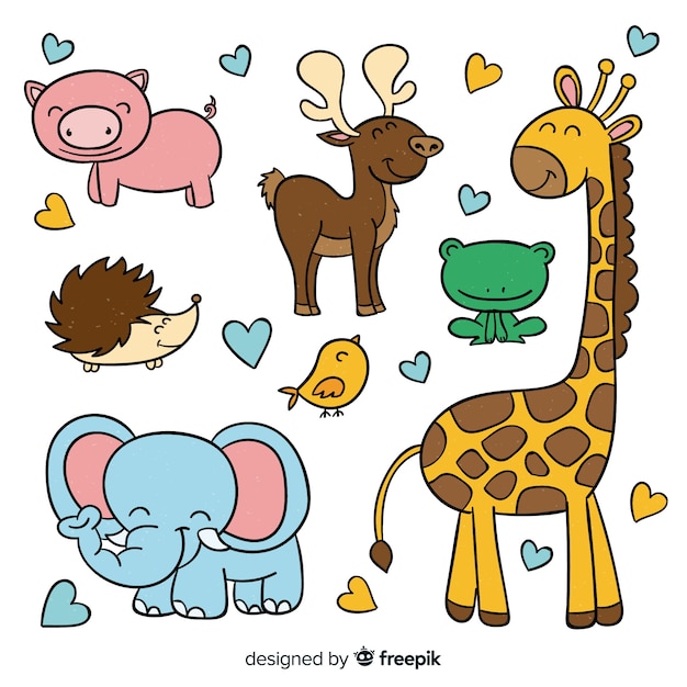 Ensemble d'animaux mignons dessinés à la main Vecteur gratuit