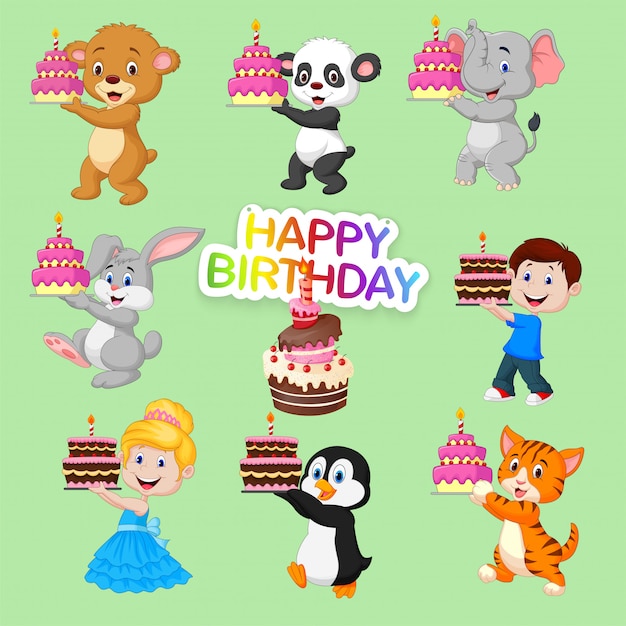 Ensemble D Animaux Mignons Et Enfants Pour Joyeux Anniversaire Vecteur Premium