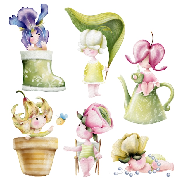 Ensemble Aquarelle De Personnages De Dessin Anime Mignon Bebe Fleurs Vecteur Premium